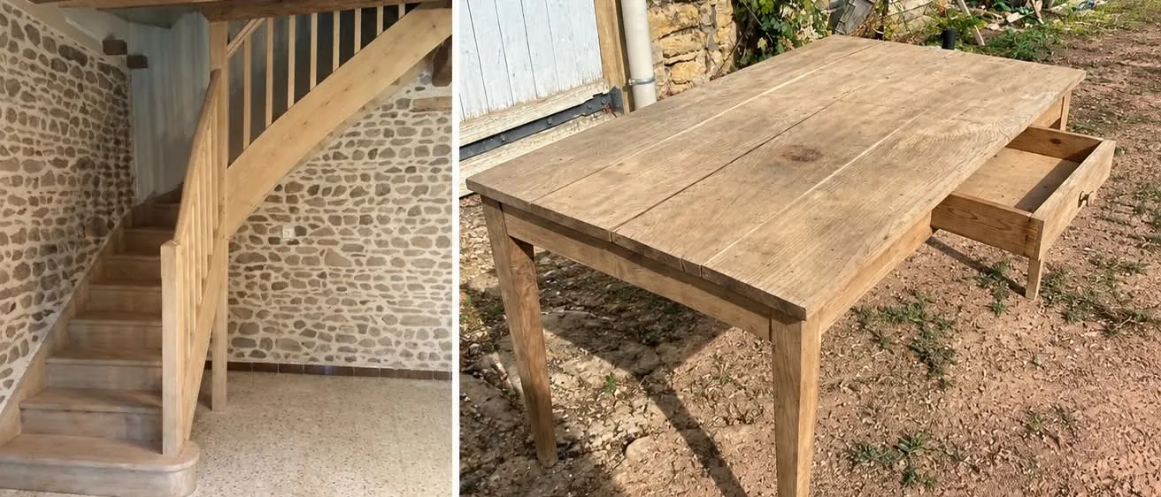 Escalier, volets, portes et table en bois aérogommés