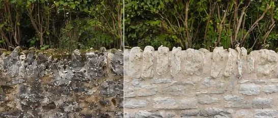 Mur en pierre avant et après nettoyage par aérogommage