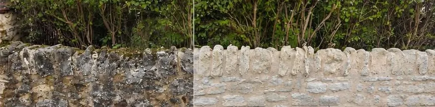 Mur en pierre avant et après aérogommage